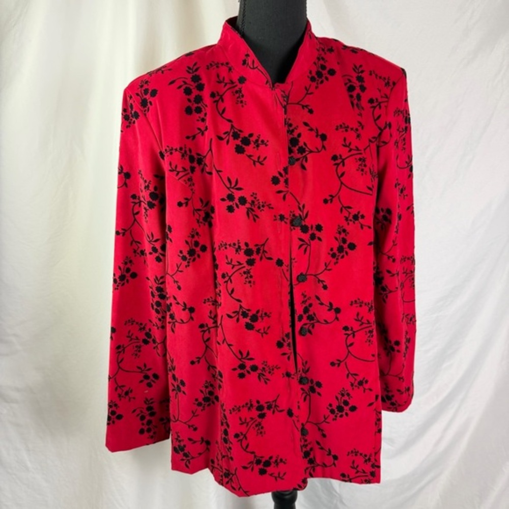 Vintage Notations Red Flocked Floral Mandarin Collar Jacket XL